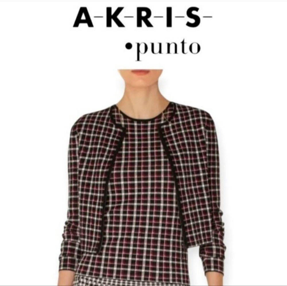 Akris Punto Glen Check Plaid Zip Cardigan Bolero Jacket Outer Layer Size 6 Black